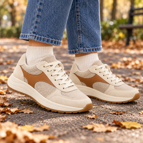 Women's Oatmeal Mixed-Material Retro Sneakers