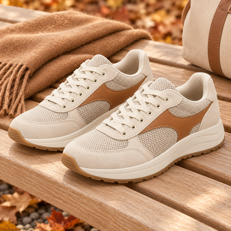Women's Oatmeal Mixed-Material Retro Sneakers